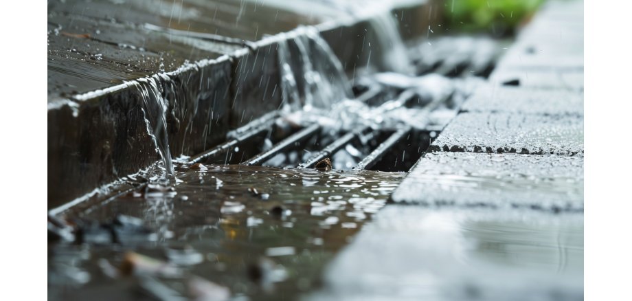 Rainwater flowing through a street gutter, captured in a close-up with splashing droplets and wet surfaces.